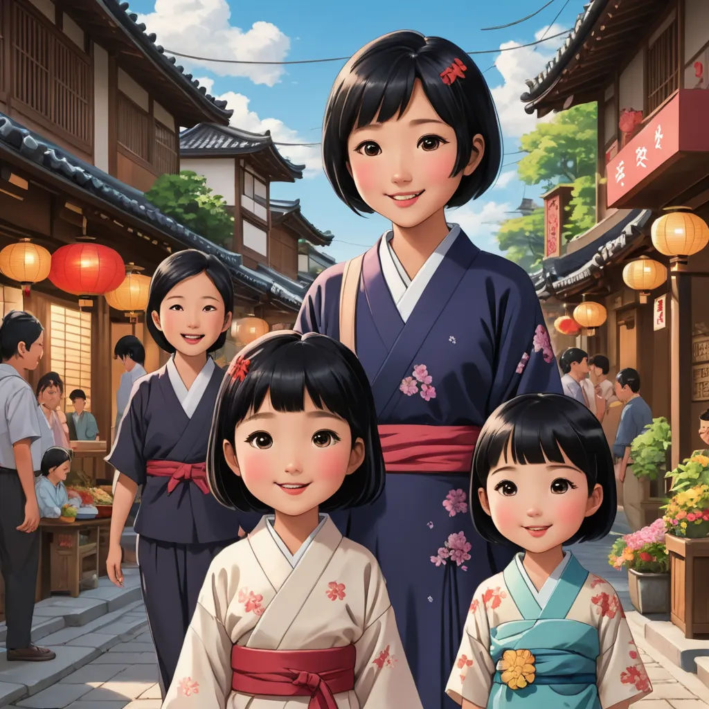 a group of people standing next to each other in front of a building with lanterns on the roof and a woman in a kimono, photorealism, a storybook illustration, disney, official art