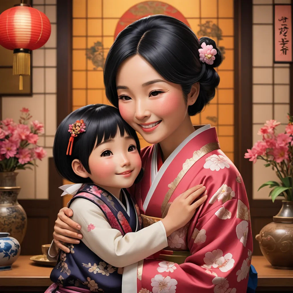 a painting of a woman and child hugging each other in a room with flowers and lanterns on the walls, photorealism, a photorealistic painting, disney, cgstudio