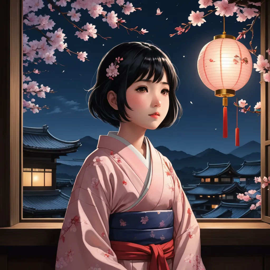 a woman in a kimono looking out a window at the night sky with a lantern hanging above her, fantasy art, a detailed painting, Artgerm, anime art