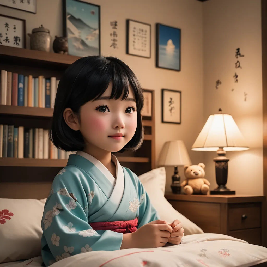 a young girl in a blue kimono sitting on a bed in a bedroom with a lamp on the side, photorealism, a 3D render, Ai-Mitsu, cgstudio