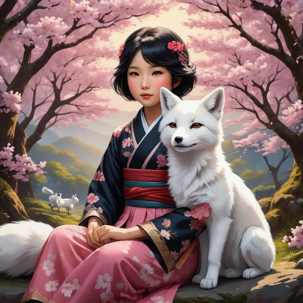 a painting of a woman and a white dog in a forest with pink flowers and trees in bloom, with a pink sky, fantasy art, a storybook illustration, Audrey Kawasaki, kinkade