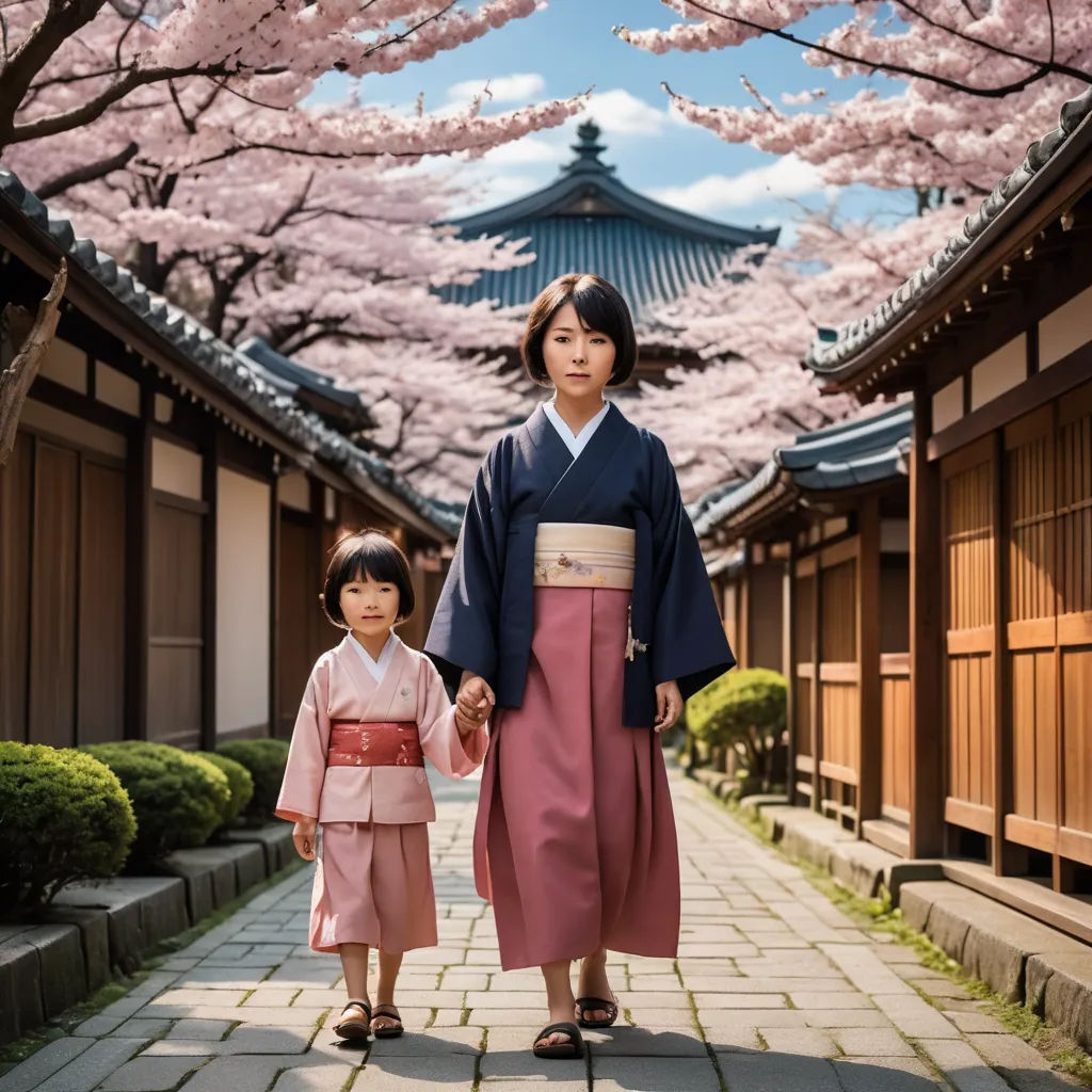 a woman and a child walking down a path in front of cherry blossom trees in a japanese garden with a pagoda in the background, cloisonnism, a storybook illustration, Chizuko Yoshida, japan