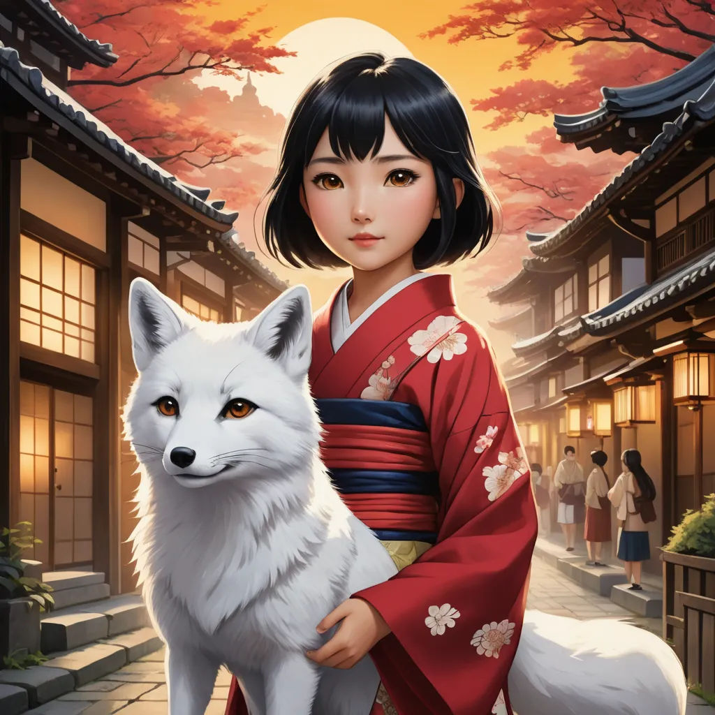 a woman in a kimono holding a white fox in front of a building with a sunset in the background, fantasy art, a storybook illustration, Ai-Mitsu, official art