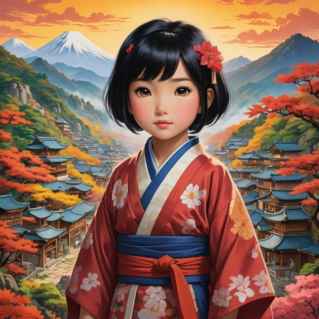 a painting of a girl in a kimono standing in front of a mountain landscape with a pagoda and trees, cloisonnism, an oil painting, Drew Struzan, yukito kishiro