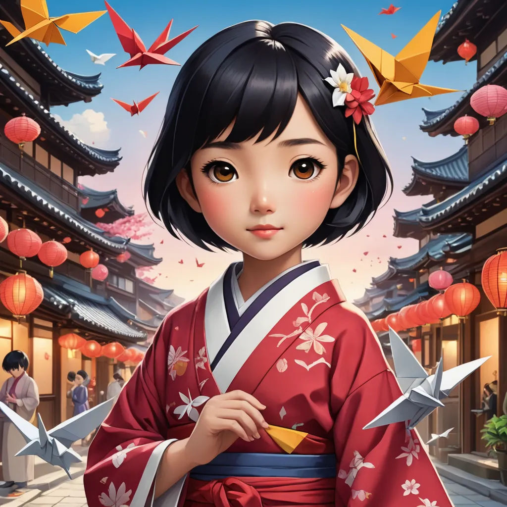 a woman in a kimono standing in front of a building with cranes flying around her and a bird flying above her, cloisonnism, a detailed painting, Artgerm, cgstudio