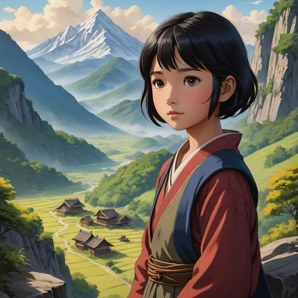 a young girl standing in front of a mountain landscape with a village in the background and a mountain range in the background, fantasy art, a detailed matte painting, Christophe Vacher, official art