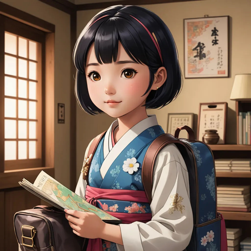 a woman in a kimono holding a book and a purse in a room with a window and a book case, sots art, a character portrait, Chizuko Yoshida, cgstudio