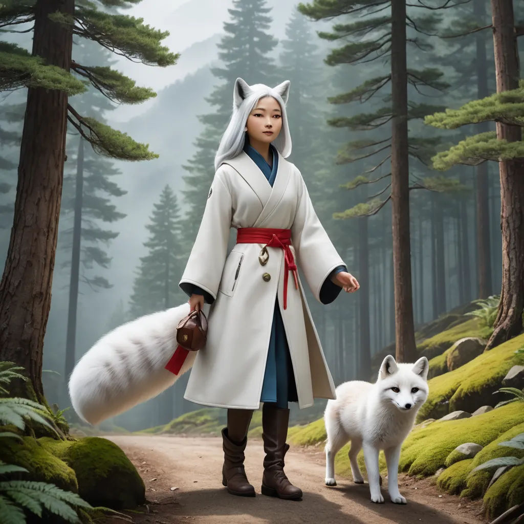 a woman in a white coat and a white dog in a forest with trees and rocks and a forest path, furry art, a character portrait, Chris LaBrooy, official art