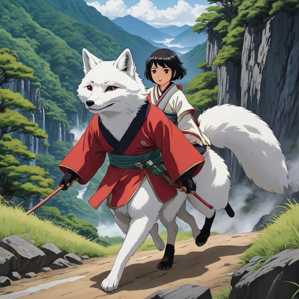 a woman riding on the back of a white fox on a dirt road next to a forest filled with trees, furry art, concept art, An Gyeon, official art