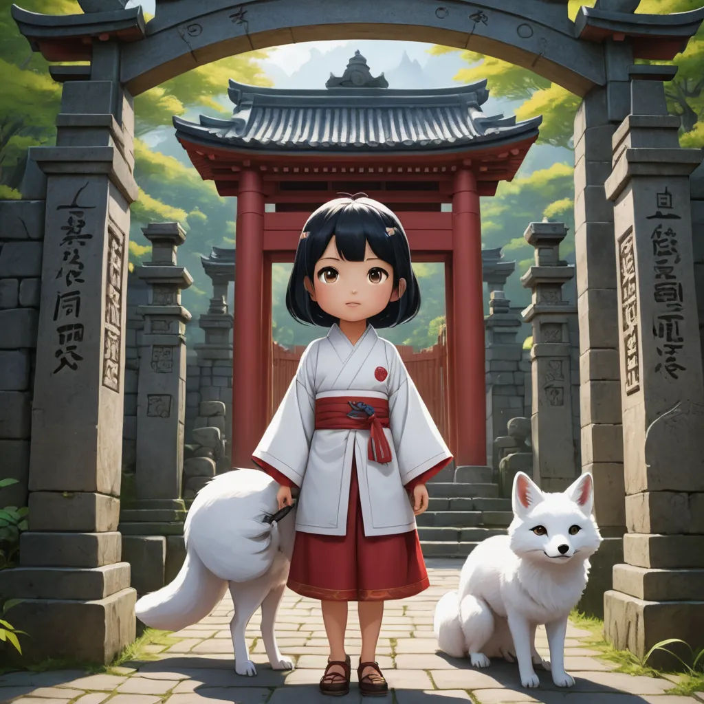 a girl in a kimono standing next to a white dog in front of a gate with a pagoda, furry art, poster art, Chizuko Yoshida, official art