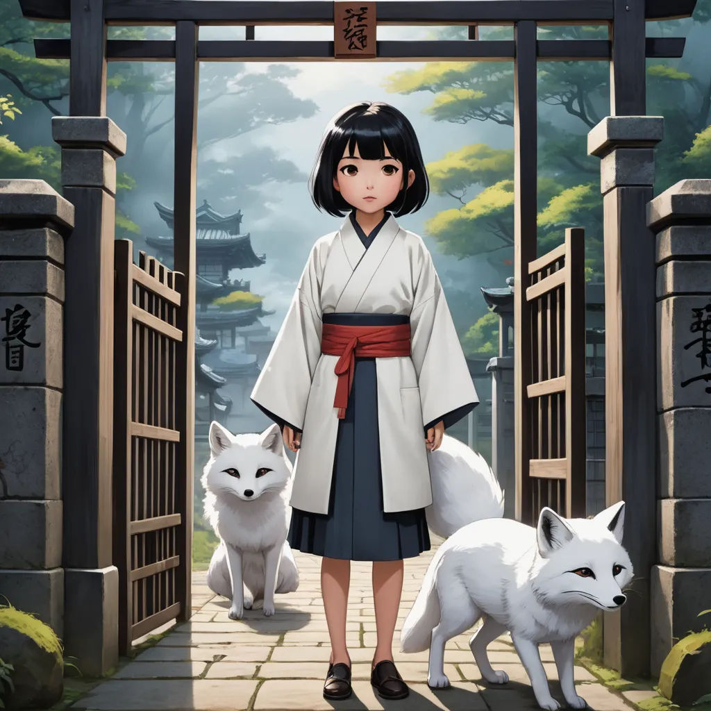 a woman standing in front of a gate with two white dogs and a cat on the other side of the gate, fantasy art, poster art, Chizuko Yoshida, official art