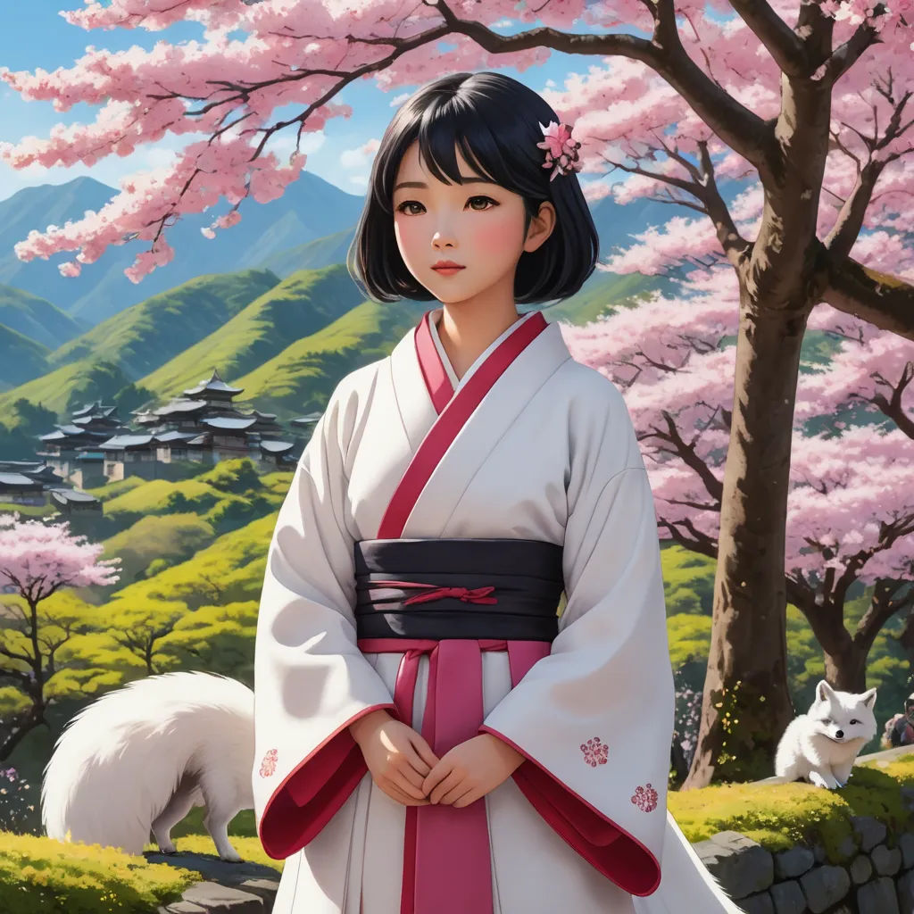 a painting of a woman in a kimono standing in front of a tree with pink flowers in bloom, fantasy art, a detailed painting, Choi Buk, cgstudio