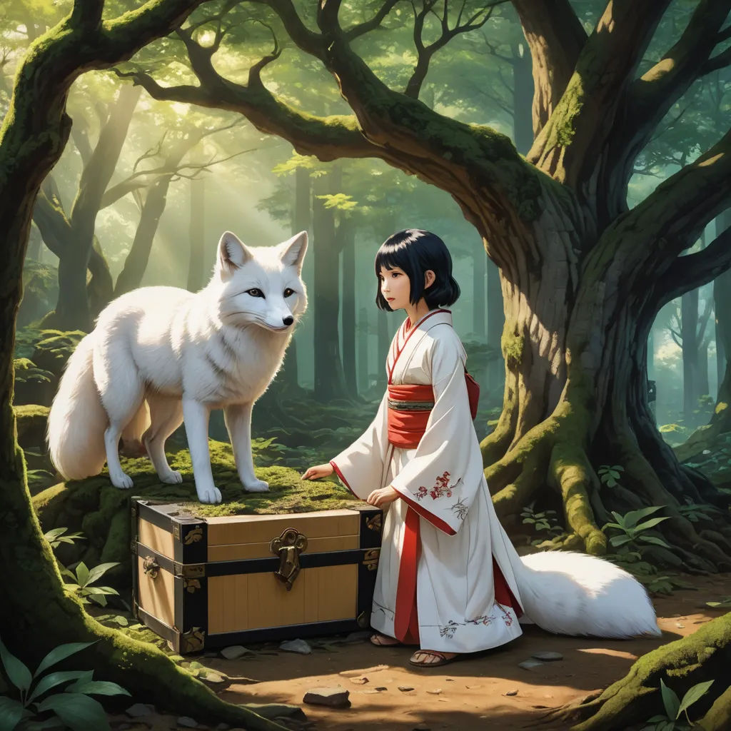 a woman in a kimono is sitting next to a white wolf in a forest with a trunk in front of her, fantasy art, a storybook illustration, Aaron Jasinski, official art