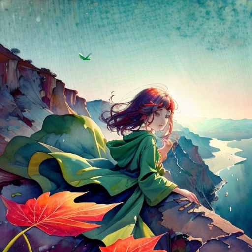 a woman sitting on a rock with a bird flying over her head and a mountain in the background with leaves