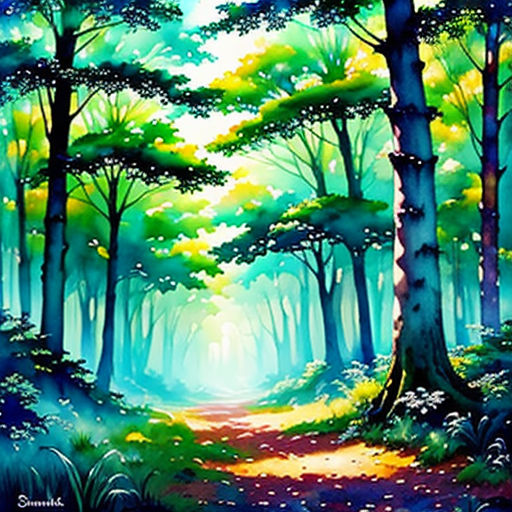 a painting of a forest with a path leading to the trees and a bright light coming from the sky