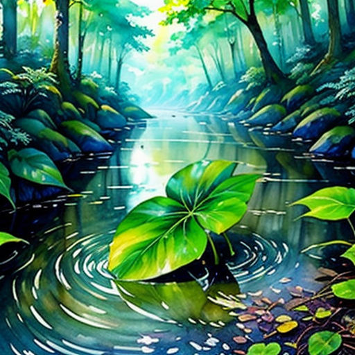 a painting of a river with a leaf floating on it's surface and a forest in the background