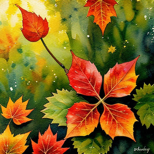 a painting of leaves with watercolor paint on it, and a green background with a yellow and red leaf