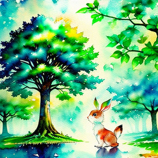 a painting of a rabbit sitting in the water near trees and a pond with a bird flying above it