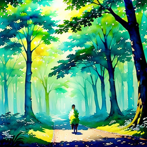 a painting of a person walking down a road in the woods with trees and grass on both sides of the road