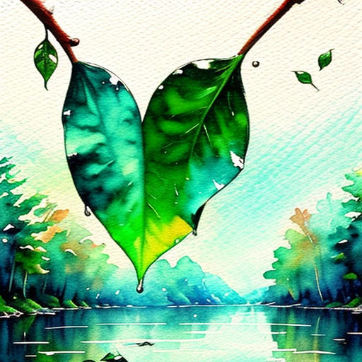 a painting of a leaf hanging from a branch over a lake with a forest in the background and a blue sky