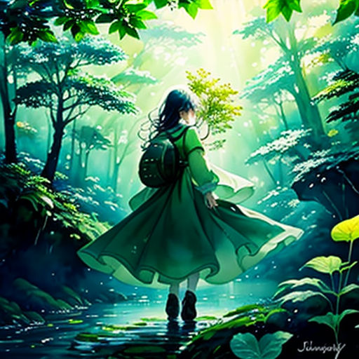 a girl in a green dress walking through a forest with a backpack on her back and a green background