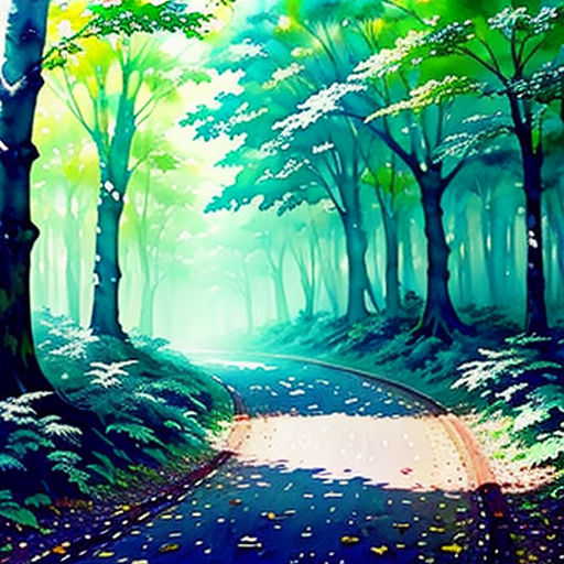 a painting of a road in the middle of a forest with trees and leaves on it's sides