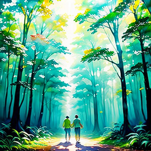 a painting of two people walking down a forest path with the sun shining through the trees and the ground
