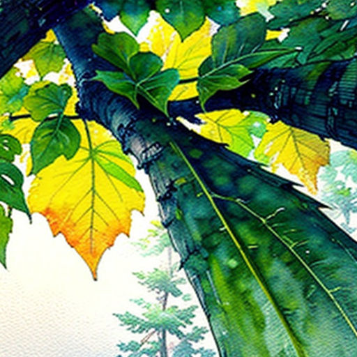 a painting of a tree with yellow leaves on it's branches and a green field in the background