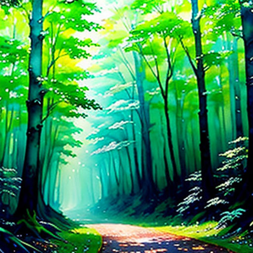 a painting of a forest with a road going through it and trees on both sides of the road, and a bright green sky above