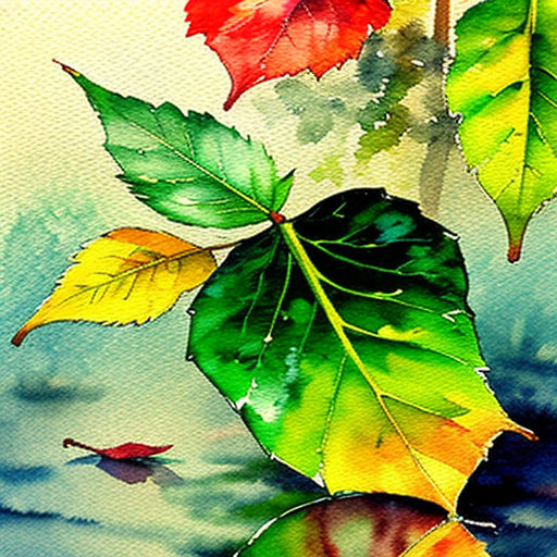a painting of leaves floating on water with a sky background and a blue sky in the background with a few clouds