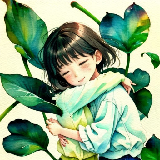 a painting of a girl hugging a plant with leaves around her neck and a white background behind her, with a green background