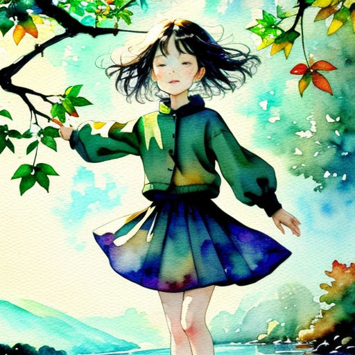 a painting of a girl in a dress standing under a tree with leaves on it's branches and a river below