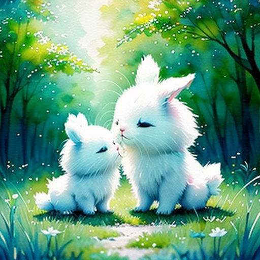 two white cats sitting on top of a lush green field next to trees and grass, with a forest in the background