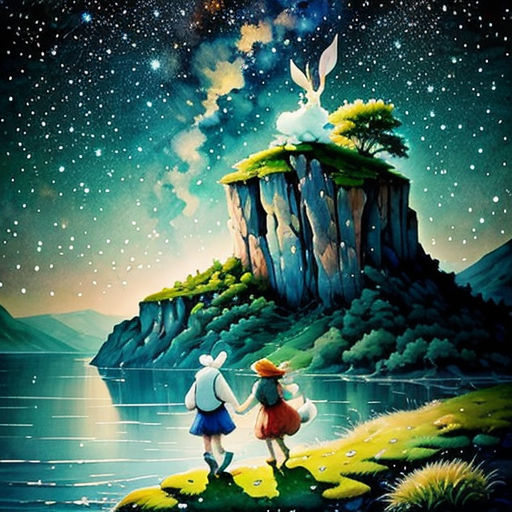 a painting of two people holding hands on a hill overlooking a lake and a mountain with stars in the sky