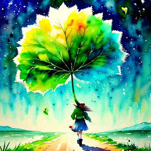 a painting of a girl holding a leaf on a road with a sky background and stars above her and a lake below