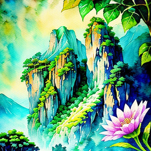 a painting of a mountain with flowers and trees on it's sides and a river running through it