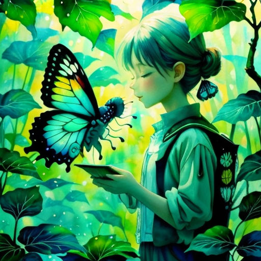 a painting of a girl holding a butterfly in her hand and looking at it's wings in the air