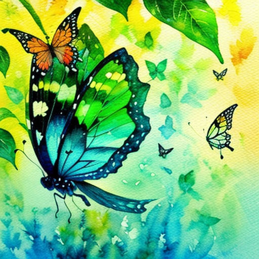 a painting of a butterfly flying over a green plant with leaves on it's wings and a yellow background
