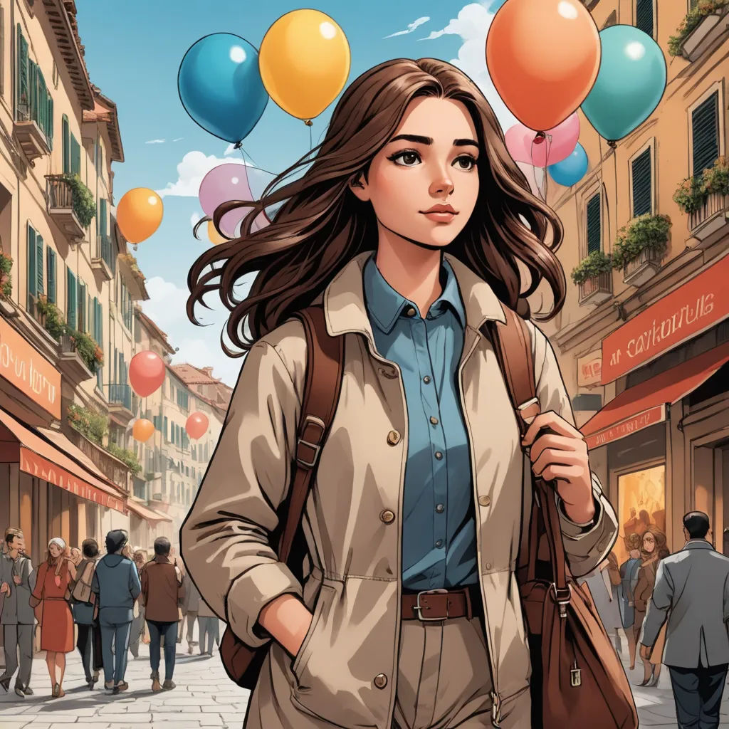 a woman walking down a street with balloons floating above her head and a man walking down the street behind her, aestheticism, a comic book panel, Artgerm, comic cover art