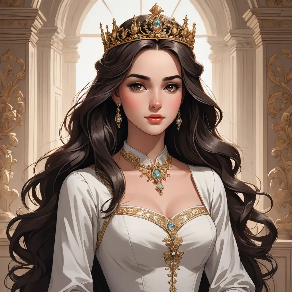 a woman in a white dress with a tiara on her head and a gold necklace on her neck, fantasy art, a character portrait, Charlie Bowater, deviantart artstation