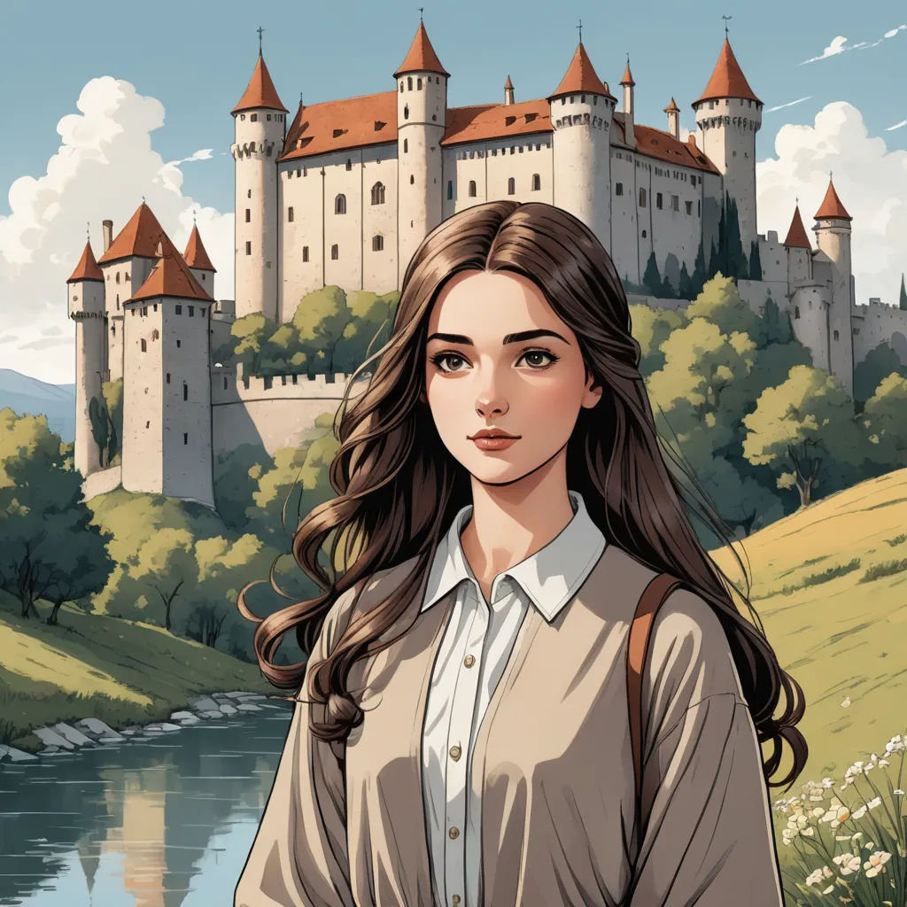 a woman standing in front of a castle with a river in front of her and a castle in the background, fantasy art, a storybook illustration, Claire Falkenstein, storybook illustration
