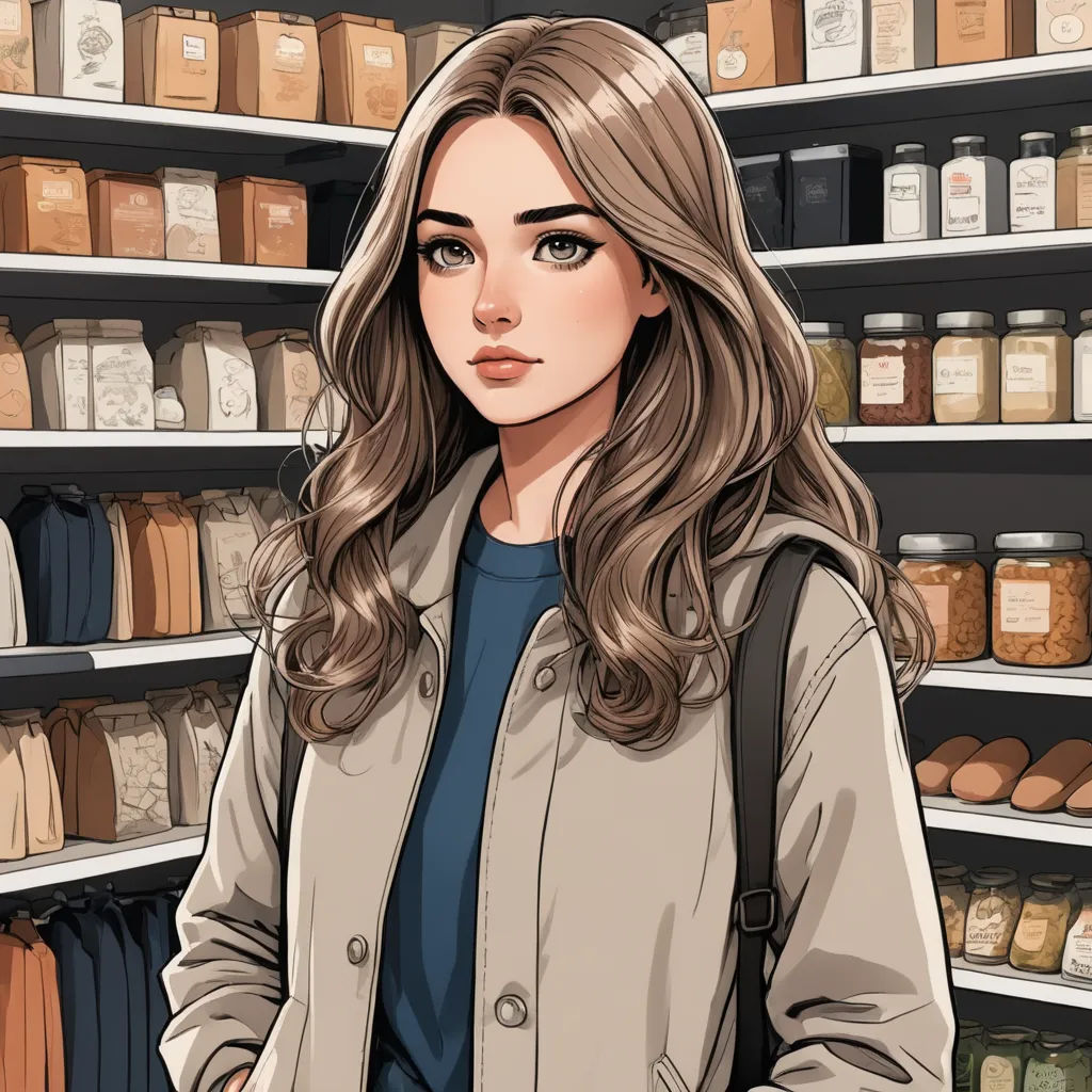 a woman standing in front of a shelf of spices and jars in a store or store front view, with a backpack on her shoulder, remodernism, a character portrait, Constance Gordon-Cumming, girl