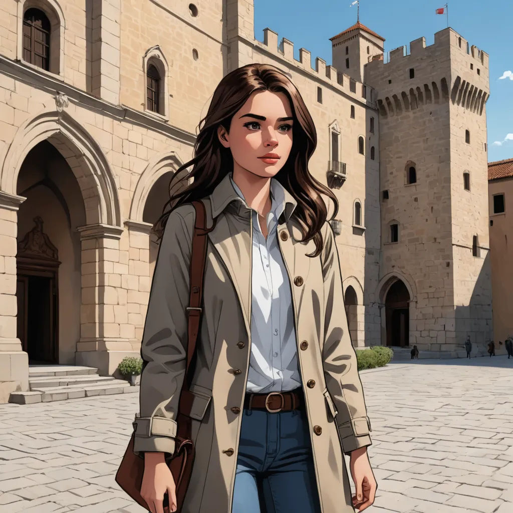 a woman in a trench coat is walking in front of a castle with a clock tower on it's side, sots art, a comic book panel, Cedric Seaut (Keos Masons), official art