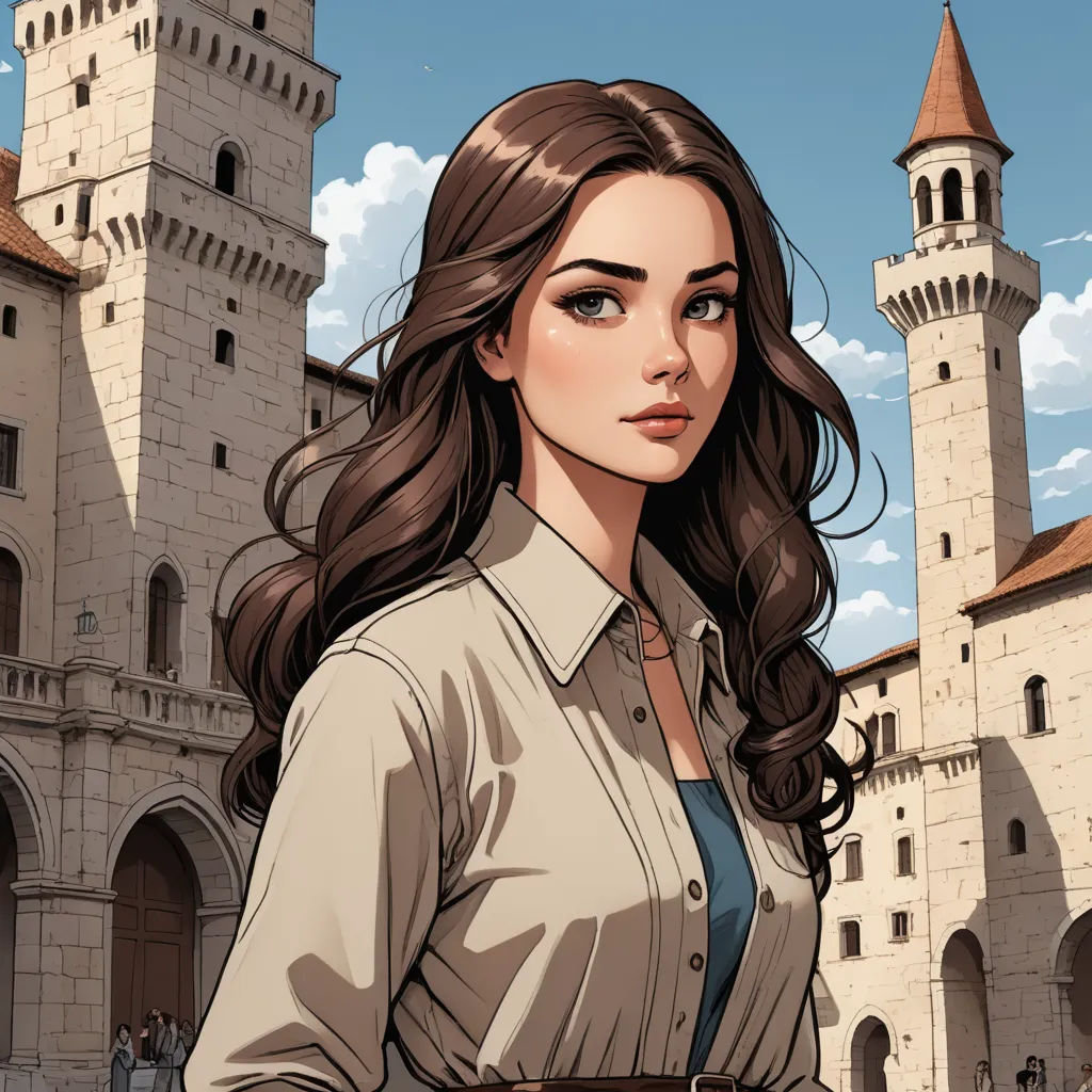 a woman in a dress shirt and belt standing in front of a castle with a clock tower in the background, fantasy art, a character portrait, Charlie Bowater, comic cover art