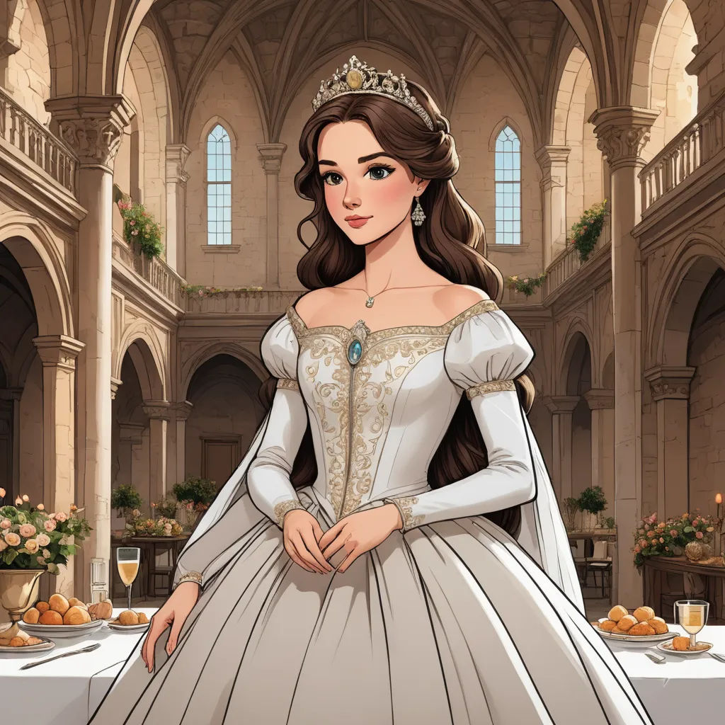 a cartoon of a woman in a white dress and tiara standing in a palace setting with a table full of food, gothic art, a character portrait, Clarice Beckett, animated
