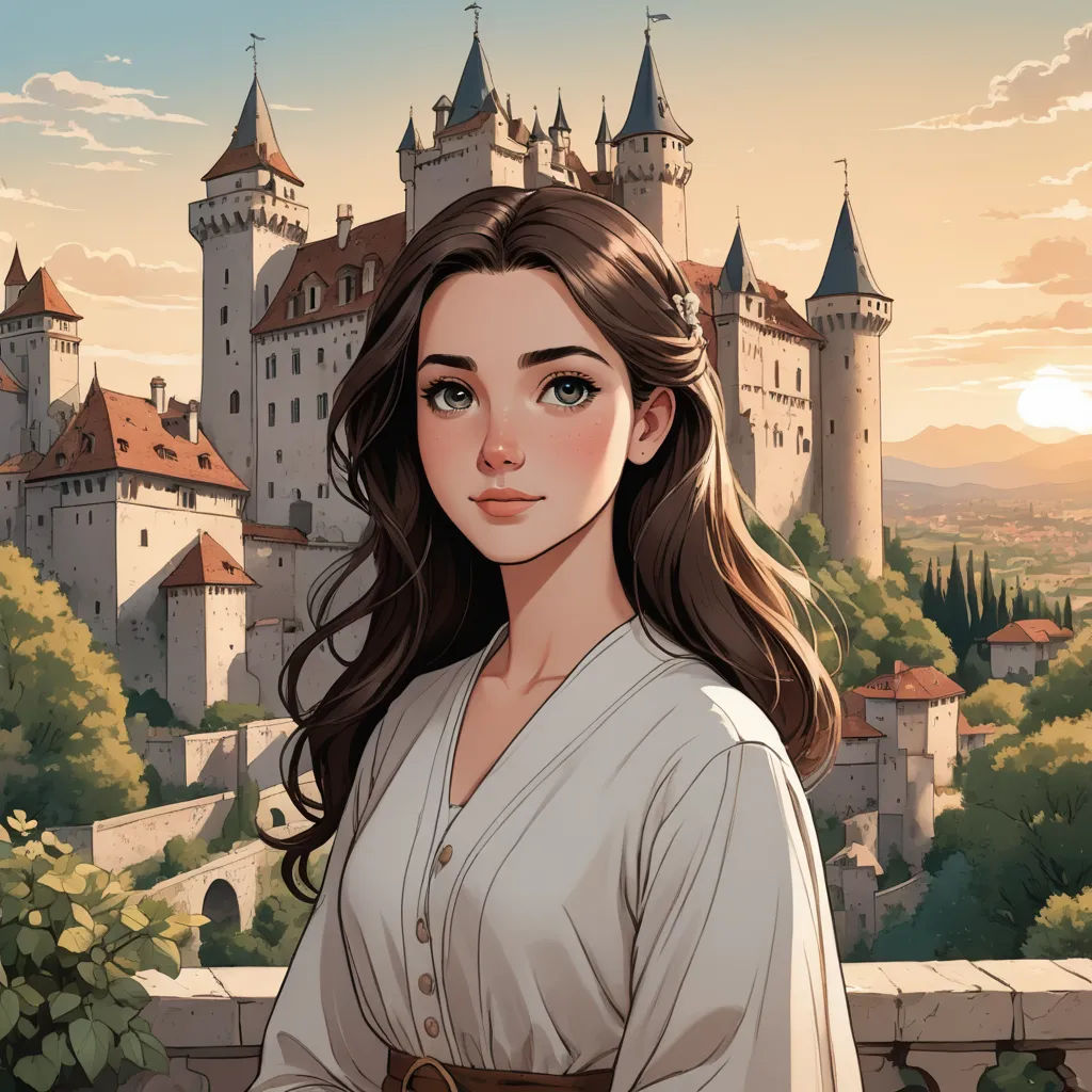 a woman standing in front of a castle with a castle in the background and a sunset behind her,, fantasy art, a character portrait, Charlie Bowater, rossdraws global illumination