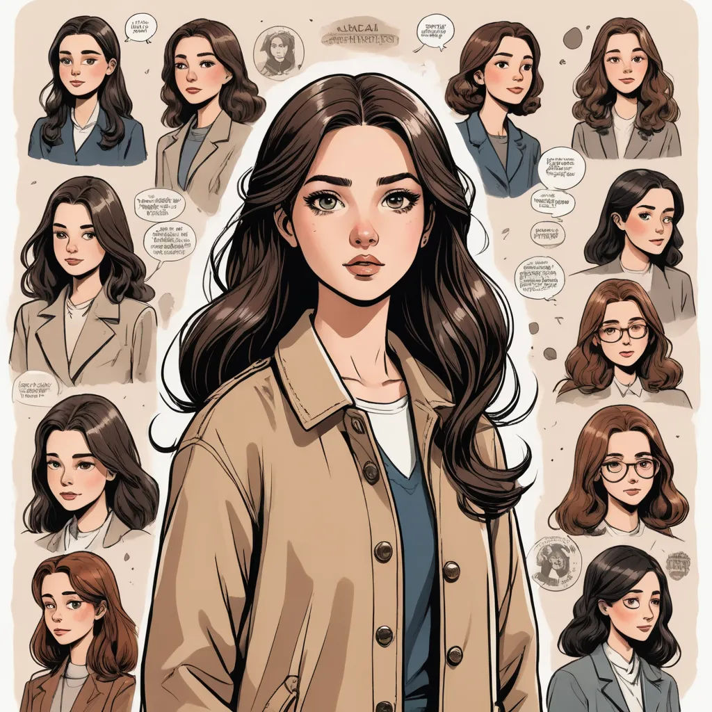a woman with many different facial expressions and hair colors, and a cartoon of her face and her name, process art, a character portrait, Clarice Beckett, leesha hannigan