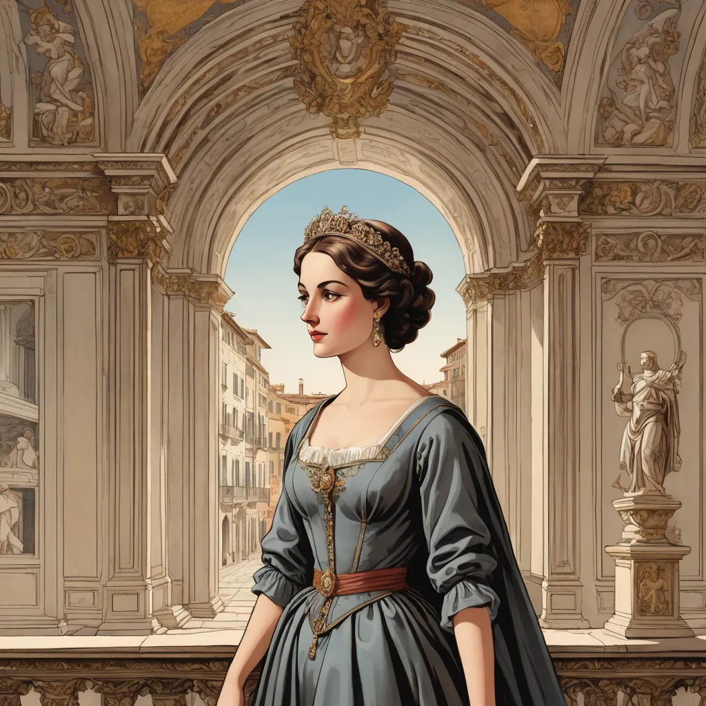 a painting of a woman in a blue dress standing in a palace courtyard with a statue in the background, mannerism, an ultrafine detailed painting, Florence Engelbach, detailed painting