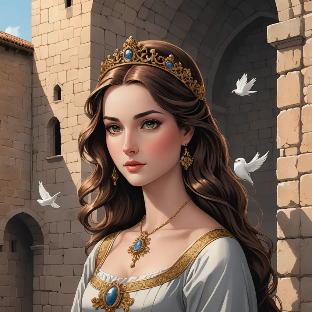 a painting of a woman in a medieval dress with a bird flying around her neck and a castle in the background, fantasy art, a detailed painting, Charlie Bowater, highly detailed digital painting