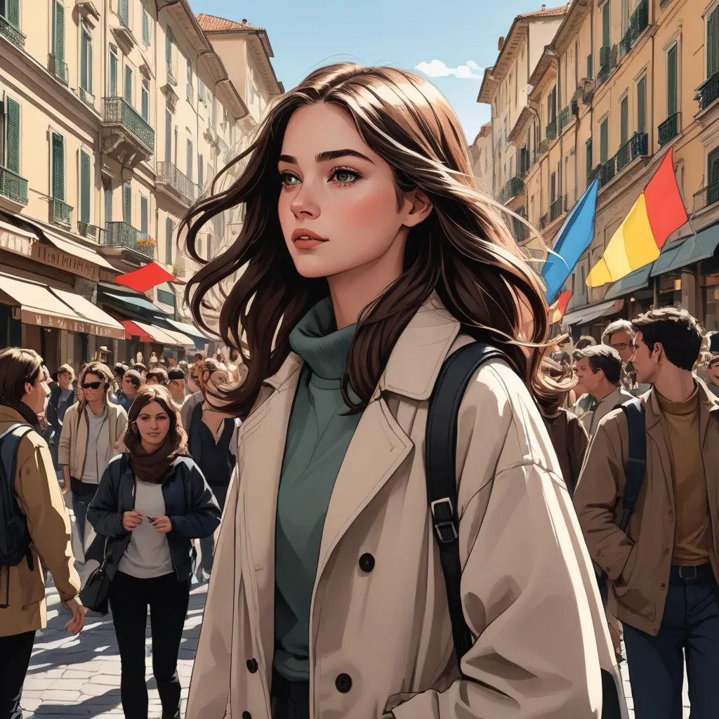 a woman in a trench coat is walking down a crowded street with people in the background and a flag flying in the sky, photorealism, a detailed painting, Alena Aenami, stanley artgerm lau